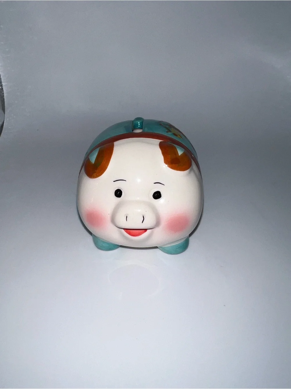 Ceramic Piggy Bank Figurine in Turquoise and White